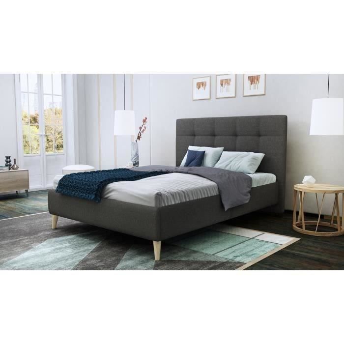 FINLANDEK Lit adulte HYLKIO scandinave en tissu gris anthracite - l 140 x L 190 cm