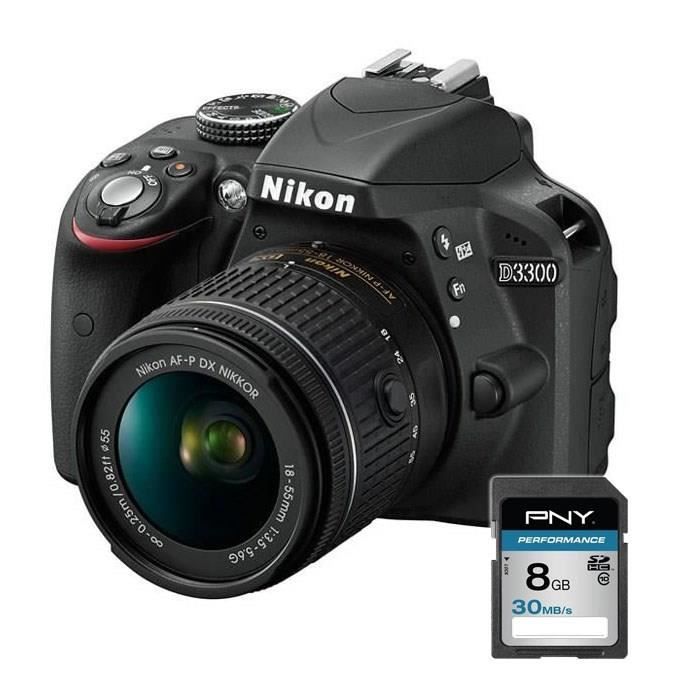 NIKON D3300 Noir + AF-P 18-55VR + carte 8Go - Appareil photo numérique reflex avec objectif