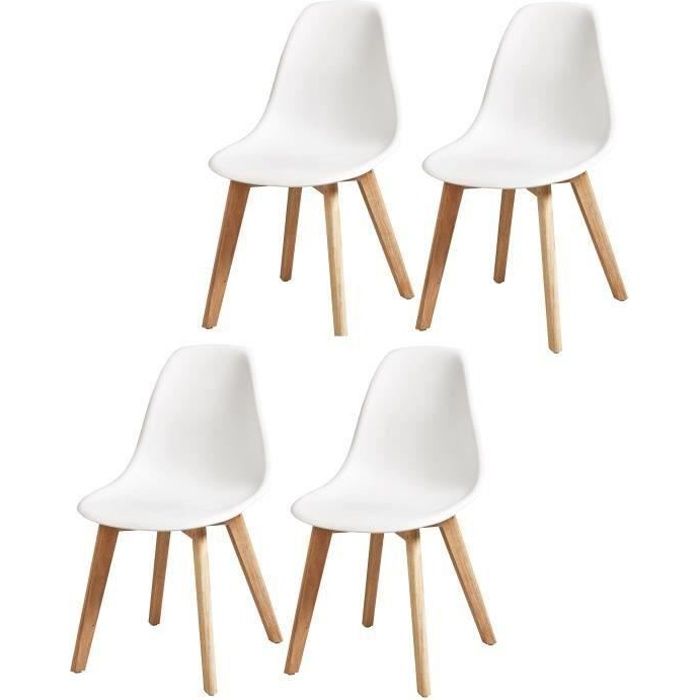 SACHA Lot de 4 chaises de salle a manger blanc Pieds en bois hevea massif Scandinave L 48 x P 55 cm