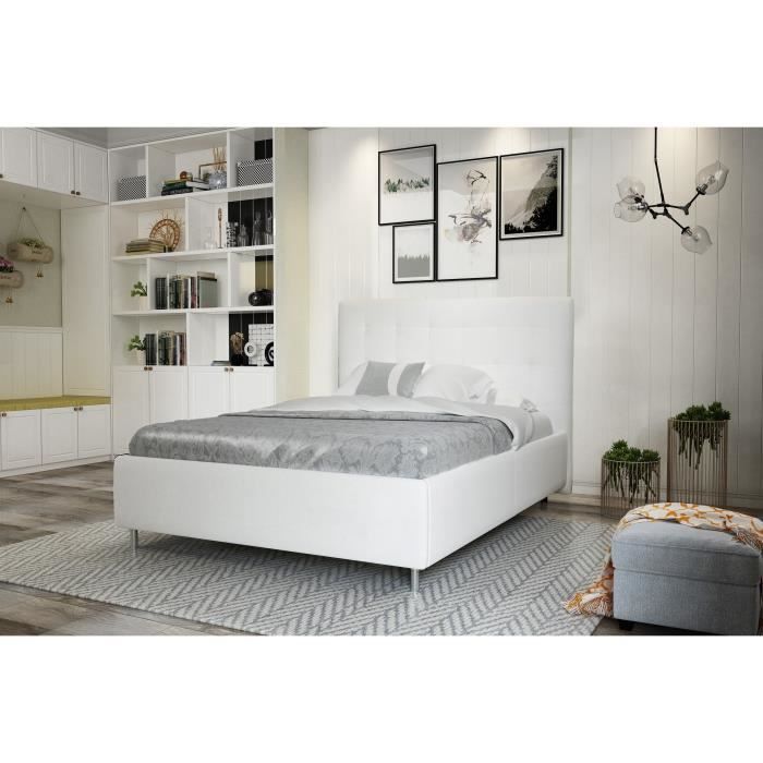 FINLANDEK Lit adulte TYYLI contemporain en simili blanc + pieds métal - l 160 x L 200 cm
