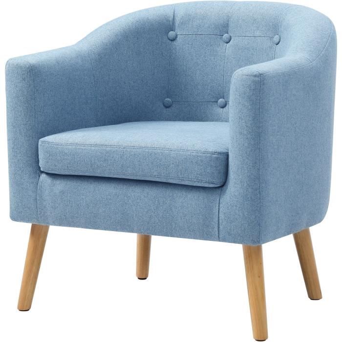 JOYCE Fauteuil pieds bois Hevea massif Tissu feutrine Bleu Scandinave L 70 x P 64 cm