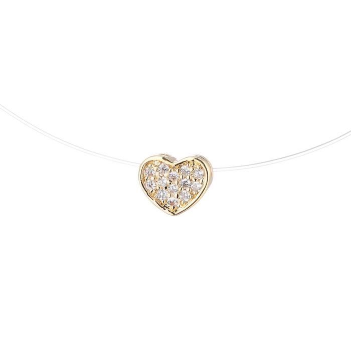 MONPLAISIR Collier Plaqué Or En fil Nylon CŒur Pavé