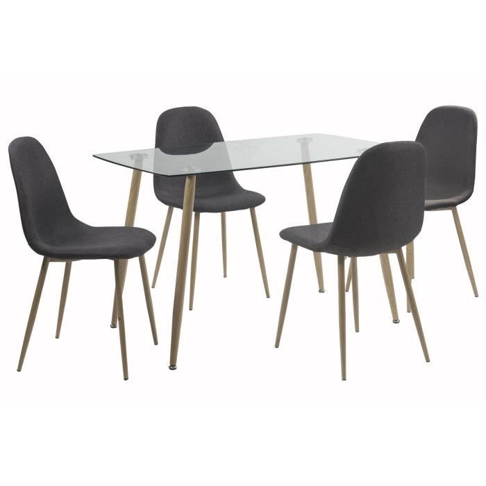 LORENTZ Ensemble table à manger 4 à 6 personnes avec plateau verre trempé + 4 chaises tissu gris - Contemporain - L 120 x l 70 cm