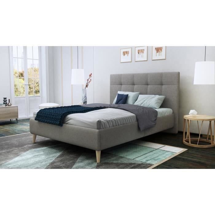 FINLANDEK Lit adulte HYLKIO scandinave en tissu gris - l 140 x L 190 cm