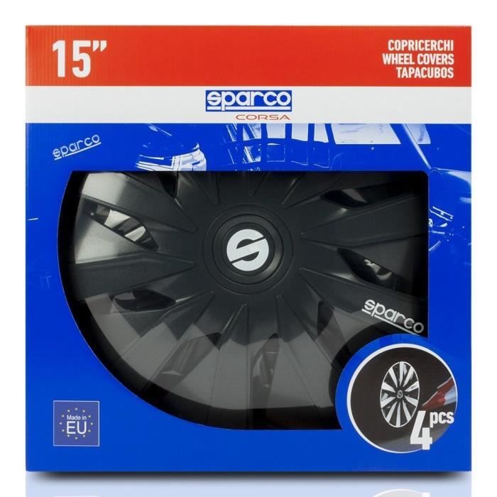 SPARCO LAZIO 15 Jeu de 4 enjoliveurs ABS haute resistance Anneau metallique de retention Excellente tenue Gris