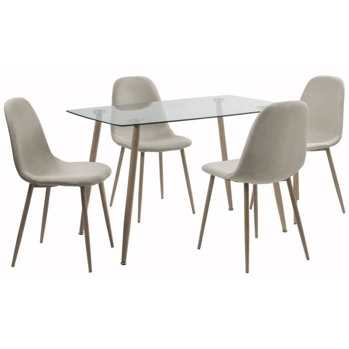 LORENTZ Ensemble table à manger 4 à 6 personnes avec plateau verre trempé + 4 chaises tissu beige - Contemporain - L 120 x l 70 cm
