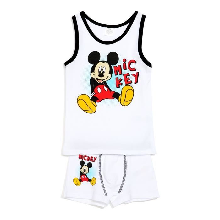 MICKEY Ensemble Sous-Vêtement Blanc Enfant Garçon Sérigraphie