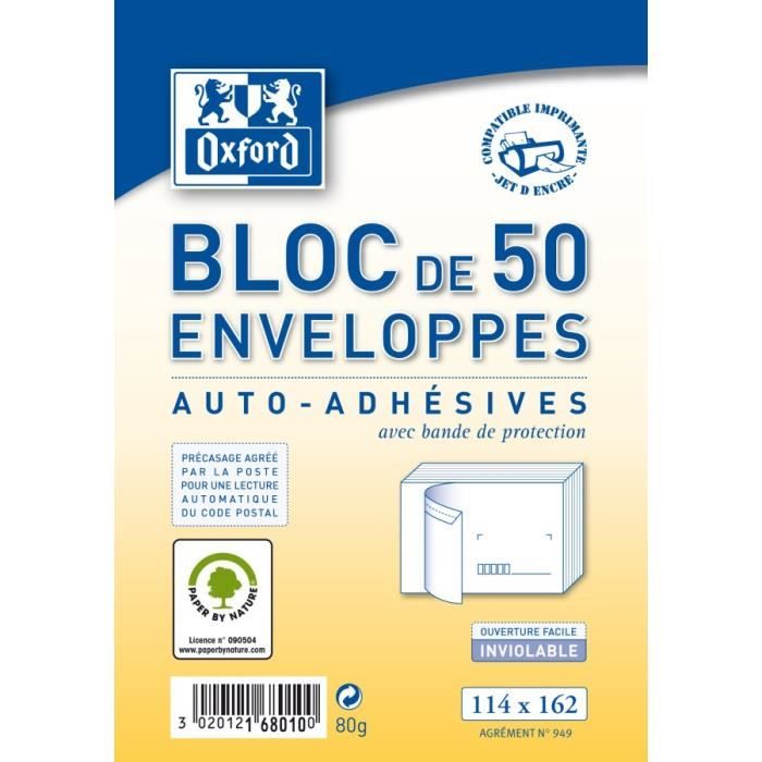 OXFORD Bloc de 50 enveloppes pré-casées auto-adhésives - 16,2 cm x 11,4 cm x 2 cm - 80g