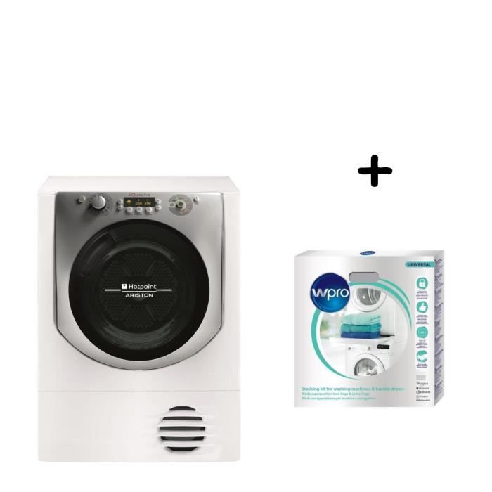 Pack HOTPOINT AQC9 2F7 TM2 1 - Sèche linge frontal - 9kg - A++ - Pompe à Chaleur + WPRO SKS101 Kit de superposition avec tablette