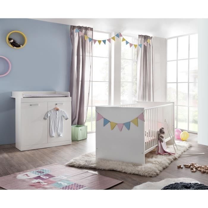 RONJA Chambre bébé duo : Lit 70*140cm + Commode avec plan à langer - Blanc mat