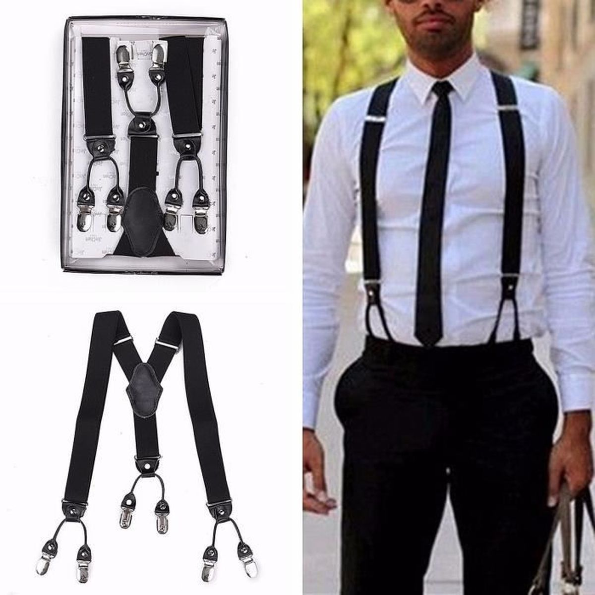 Bretelle 6 Clips Noir Pantalon Réglable Yforme Elastique Boucle