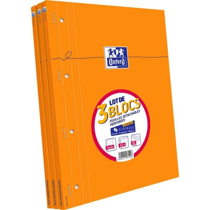 OXFORD 3 blocs-notes agrafés et perforés - 22,5 x 29,7 cm - 160p seyès - Orange