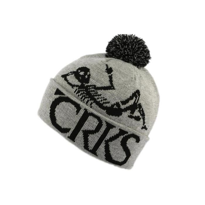 Bonnet pompon gris Crooks and Castles Speckle , Bonnet en laine avec dessin de squelette style streetwear