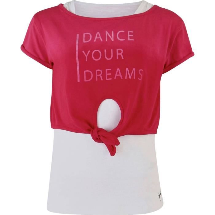 DANSKIN T-shirt double Elize - Enfant fille - Rouge framboise et blanc
