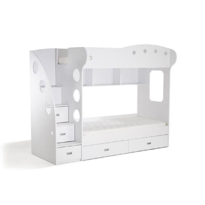 COMBI Lit combiné Blanc avec deux couchages superposés + niches de rangements + tiroirs de rangements - l 90 x L 190 cm