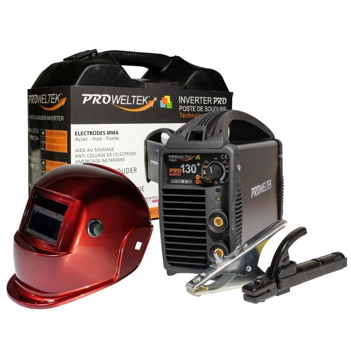 PROWELTEK Poste à souder Inverter Pro+ 130 A avec mallette et cagoule de soudure LCD teinte variable DIN 9/13