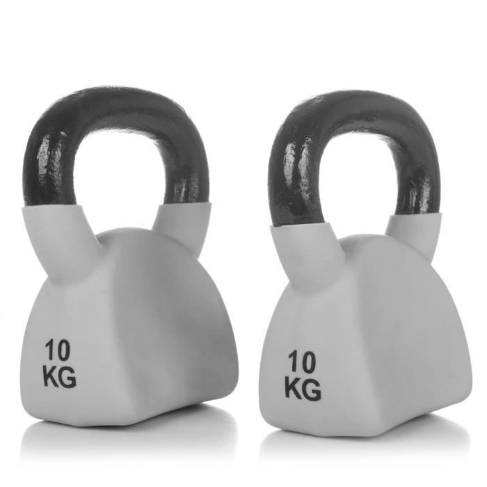 FYTTER Kettle bell AKB10B, une haltère de 10 kg très pratique en forme de boule en fonte à fond plat équipée d'une poignée large.