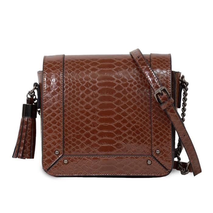 KINSTON Petit Sac bandoulière Emi - Réglable - Pompon assorti - Chocolat