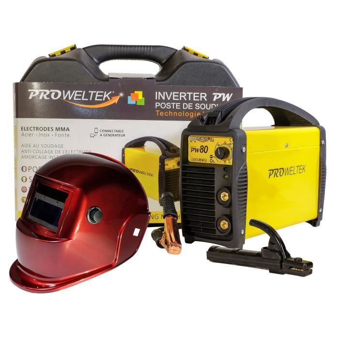 PROWELTEK Poste à souder Inverter PW 80 A avec mallette et cagoule de soudure LCD teinte variable DIN 9/13