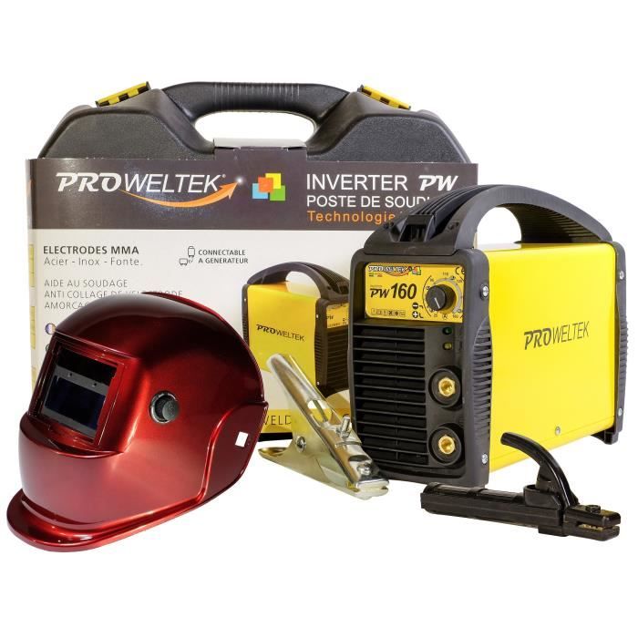 PROWELTEK Poste à souder Inverter PW 160 A avec mallette et cagoule de soudure LCD teinte variable DIN 9/13