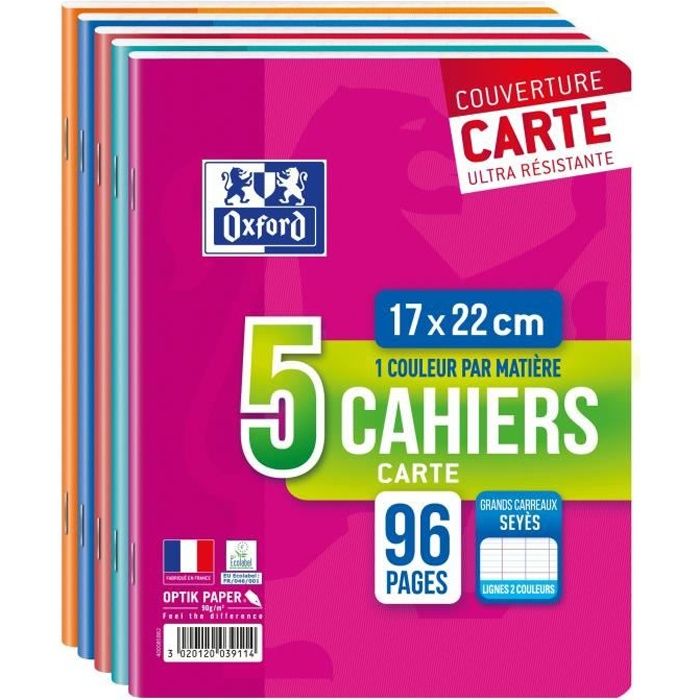 OXFORD Lot de 5 cahiers agrafes 96 pages seyes 17 x 22 cm 90g