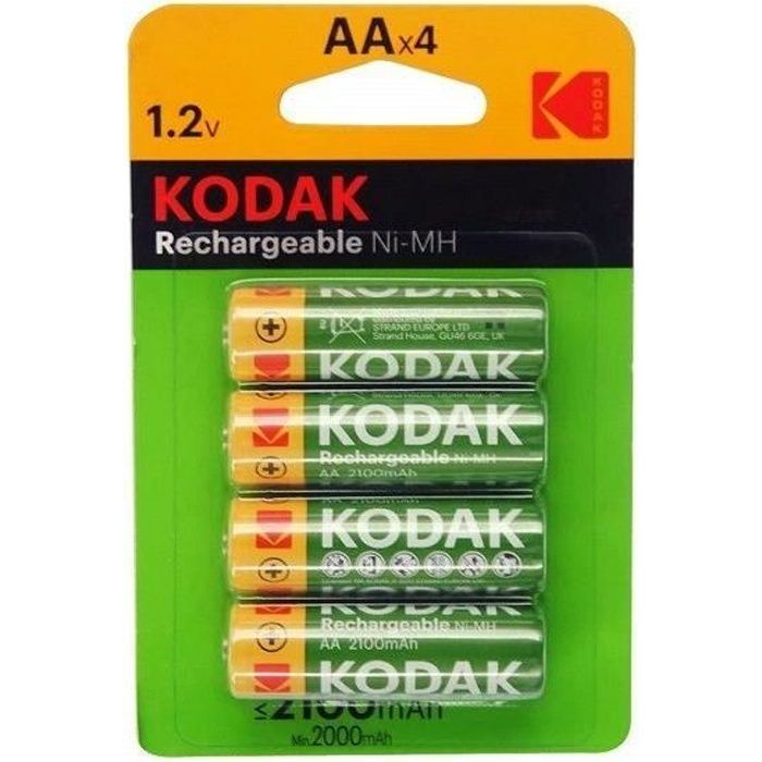 KODAK Piles rechargeables Chargées Ni-MH AA 1,2V batterie 2100mAh - Vendu par lot de 4