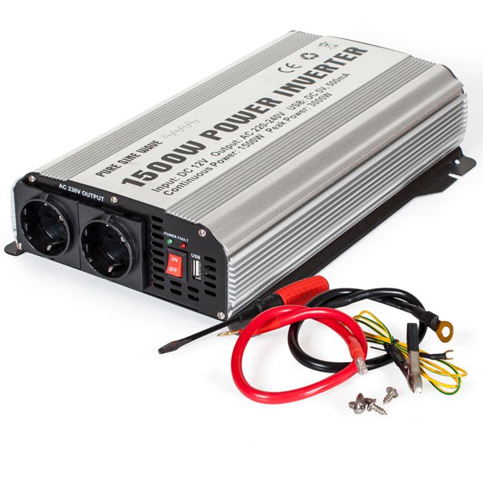 Onduleur 1500W 12V Vers 220V Pur Sinus - Prise Secteur + 2 Ports USB, Pour Voiture, Camping-car, Bateau
