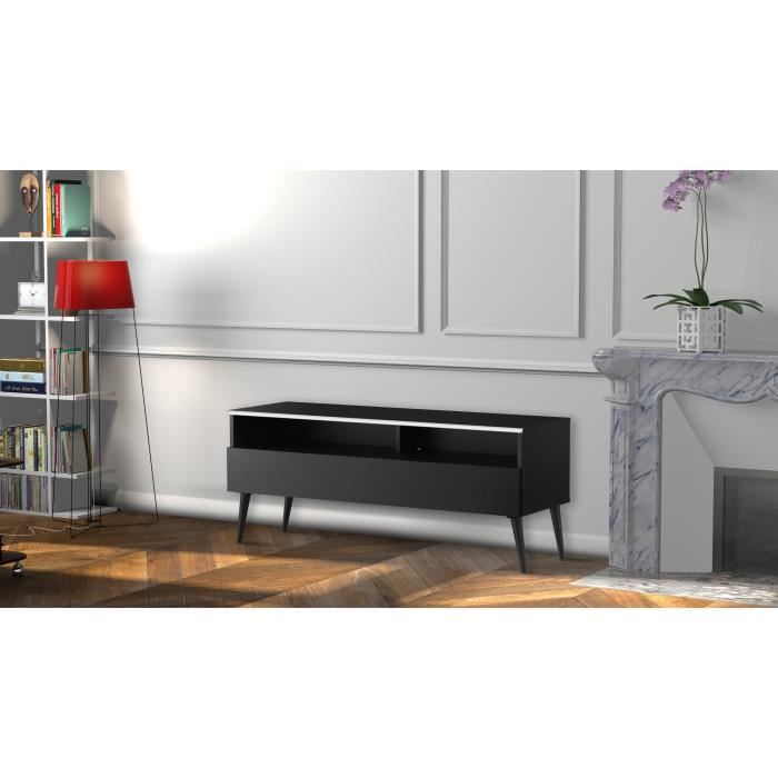 MELICONI BORAS 120 Meuble TV - Longueur 120 cm - DEMI-PORTE abattante finition BOIS - Pieds Scandinaves couleur Noir