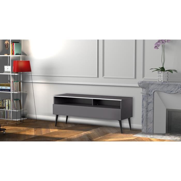 MELICONI HALMSTAD 120 Meuble TV - Longueur 120 cm - DEMI-PORTE abattante finition BOIS - Pieds Scandinaves couleur Noir