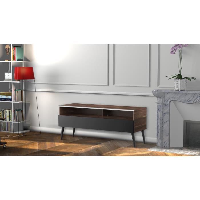 MELICONI KARLSTAD 120 Meuble TV - Longueur 120 cm - DEMI-PORTE abattante finition BOIS - Pieds Scandinaves couleur Noir