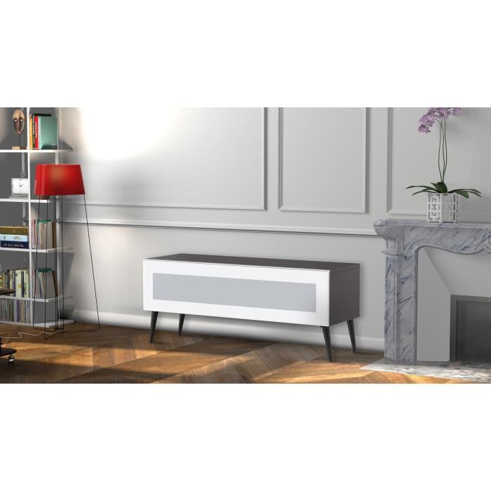 MELICONI MALMO 120 Meuble TV - Longueur 120 cm - Porte abattante finition VERRE INFRAROUGE - Pieds Scandinaves couleur Noir