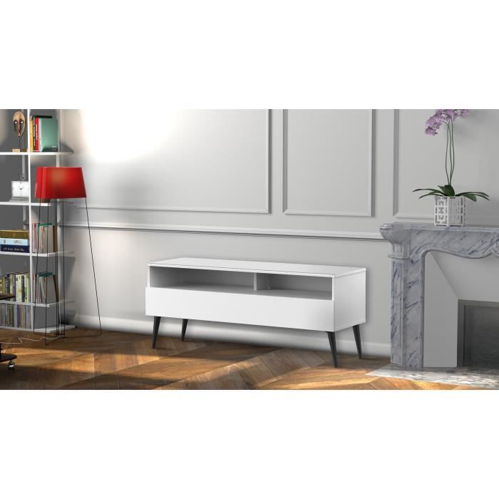 MELICONI NACKA 120 Meuble TV - Longueur 120 cm - DEMI-PORTE abattante finition BOIS - Pieds Scandinaves couleur Noir