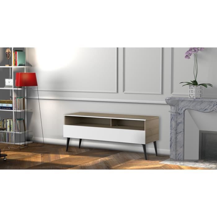 MELICONI SOLNA 120 Meuble TV - Longueur 120 cm - DEMI-PORTE abattante finition BOIS - Pieds Scandinaves couleur Noir