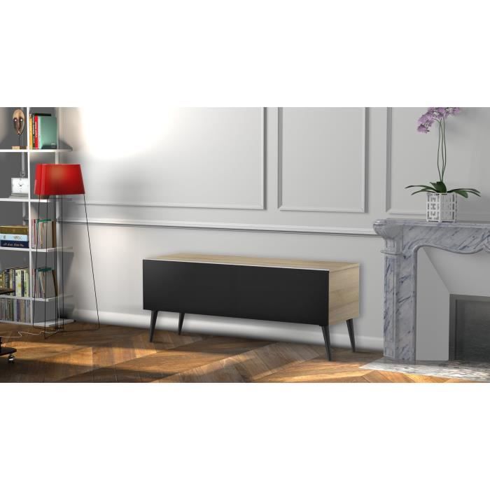 MELICONI UMEA 120 Meuble TV - Longueur 120 cm - Porte abattante finition TEXTILE - Pieds Scandinaves couleur Noir
