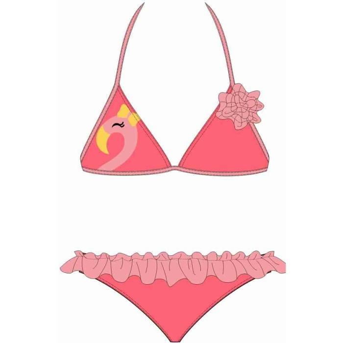 MONDACA Maillot de bain triangle fixe fille - 2 pièces - Imprimé flamant rose - Saumon fluo / Pêche