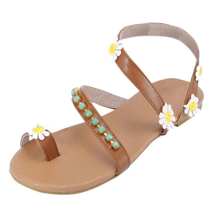 Décoration Marron Enfiler Femmes Sandales Bohême Hx1204 Fleur À Plates Chaussures xwvEPqpw