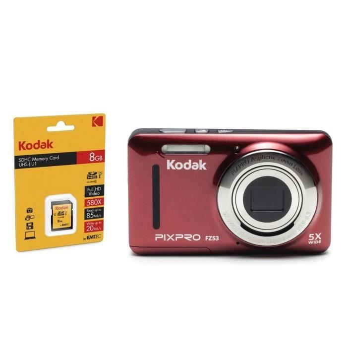 KODAK FZ53 Appareil Photo Compact - Rouge + KODAK Carte 8 Go