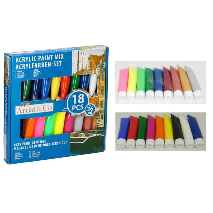 Lot De 18 Tubes De Peinture Acrylique 36 Ml Multicolore 075