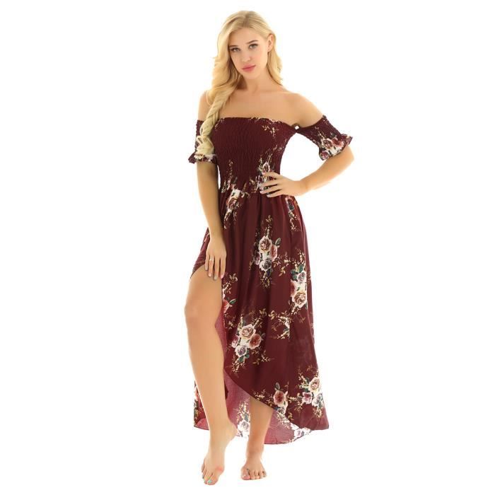 Femme Sexy Maxi Robe De Soirée Mariage Robe De Plage Epaule Denudee Eté Mousseline De Soie S Xxl Bordeaux