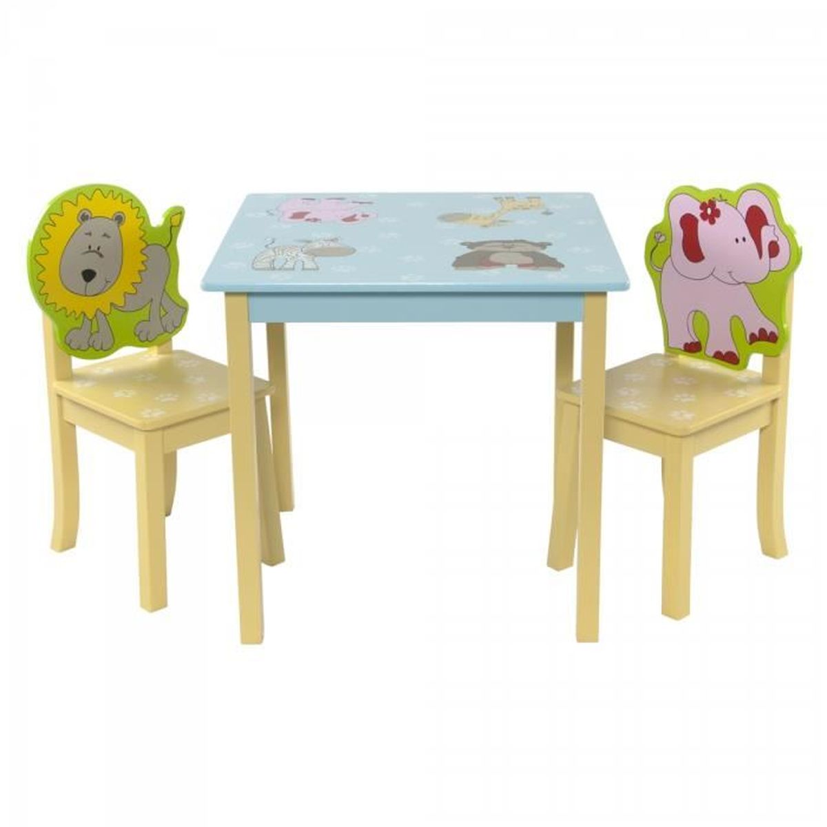 Ensemble table et deux chaises en bois pour enfants Bleu et Vert Jungle