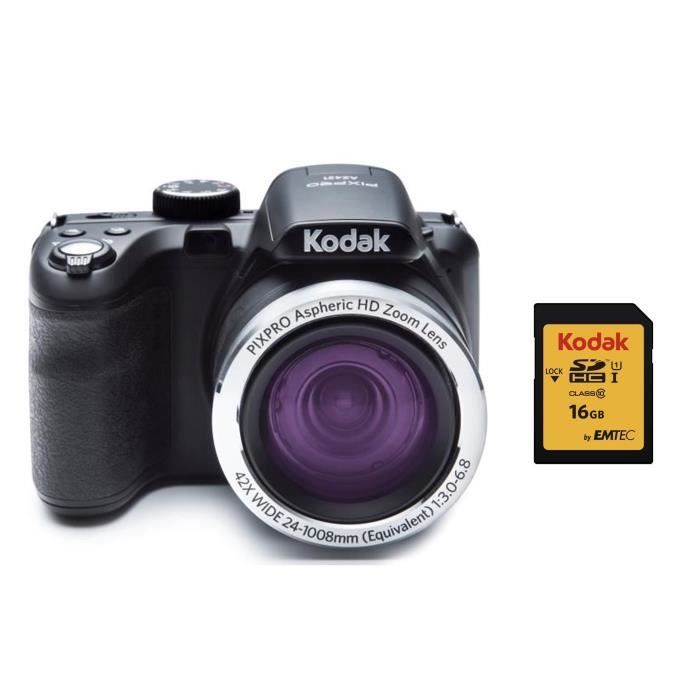 KODAK AZ421 Appareil Photo Bridge - Zoom x42 - Noir + KODAK Carte 16 Go