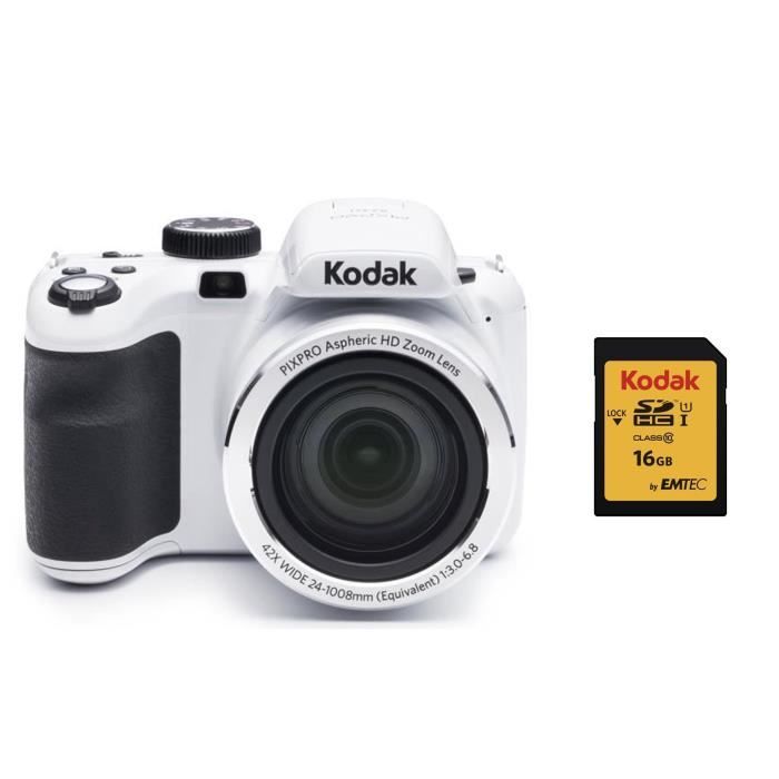 KODAK AZ421 Appareil Photo Bridge - Zoom x42 - Blanc + KODAK Carte 16 Go