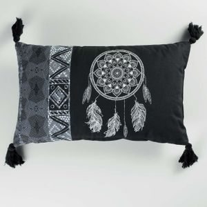 COUSSIN Coussin déhoussable pompons 30 x 50 cm coton impri