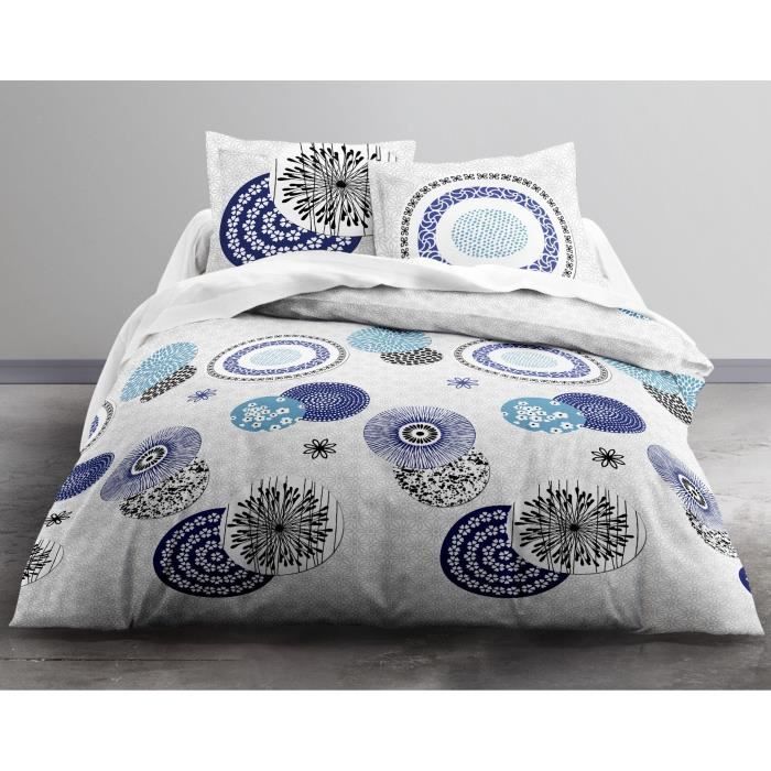 TODAY Parure de couette ENJOY SHYNES 100% coton - 1 housse de couette et 2 taies d'oreiller - 220x240 cm - Blanc et bleu