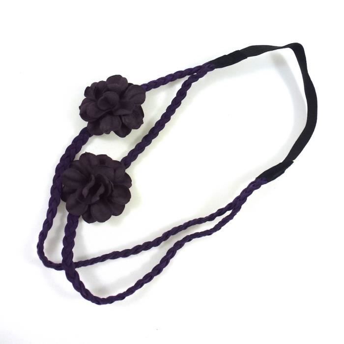 Accessoires cheveux , Headband,bandeau,serre tête tressé double rangs avec 2 fleurs en cuir , violet