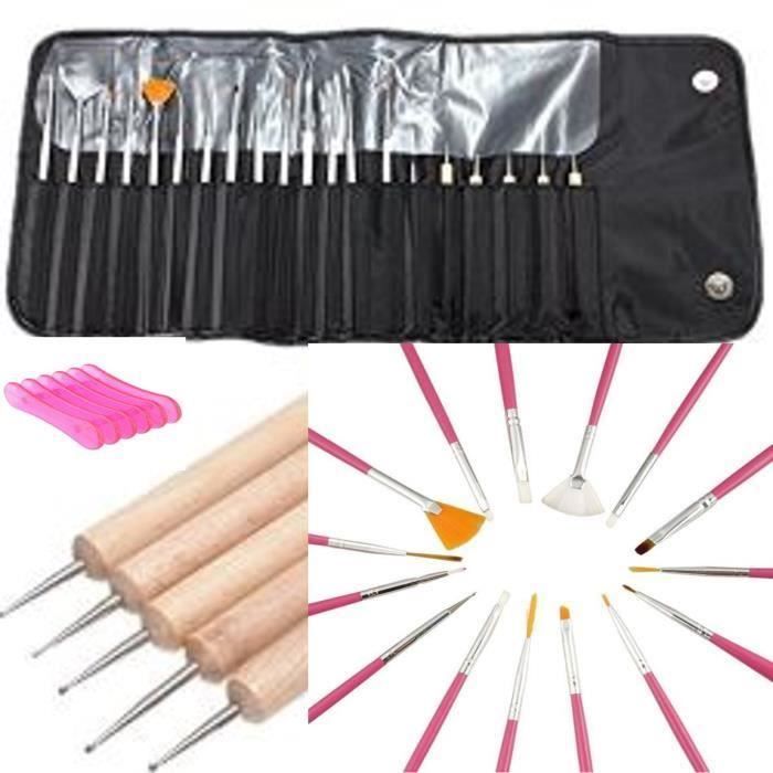 Set De 20 Pinceaux Brosses A Ongle Gel Uv Vernis Nail Art Pinceaux Rose Dotting Bois Dans Une Trousse Noire Offert 1 Support Pin