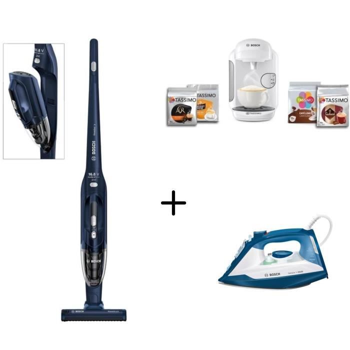 BOSH BBH216RIA Aspirateur Balai sans fil 2 en 1 + BOSCH TDA3024110 Fer à repasser + BOSCH TASSIMO Vivy TAS1404C1 - Machine à café
