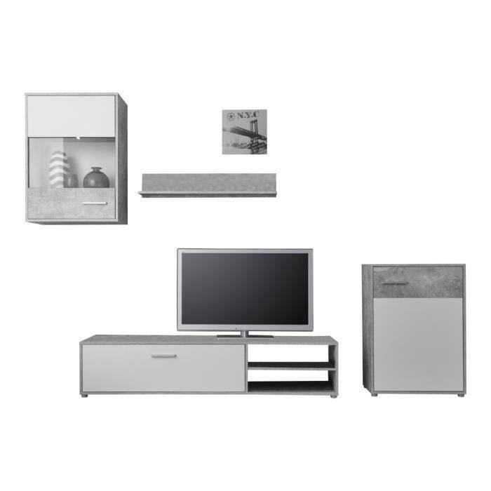 HIT Meuble TV mural contemporain gris effet béton et blanc - L 226 cm