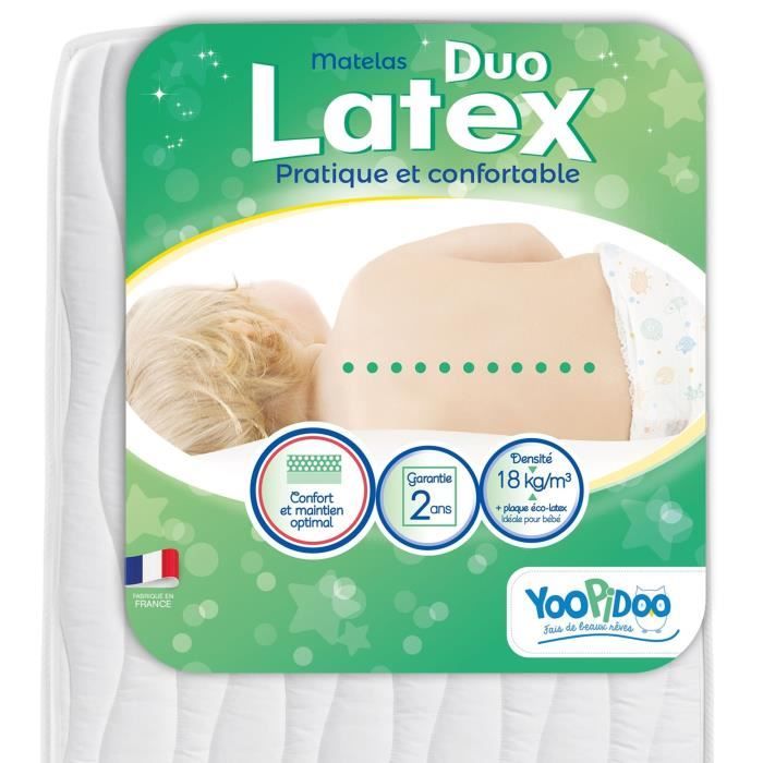 YOOPIDOO Matelas bébé Duo Latex - Double confort - Respirant - Fabrication française - 60 x 120 x 12 cm