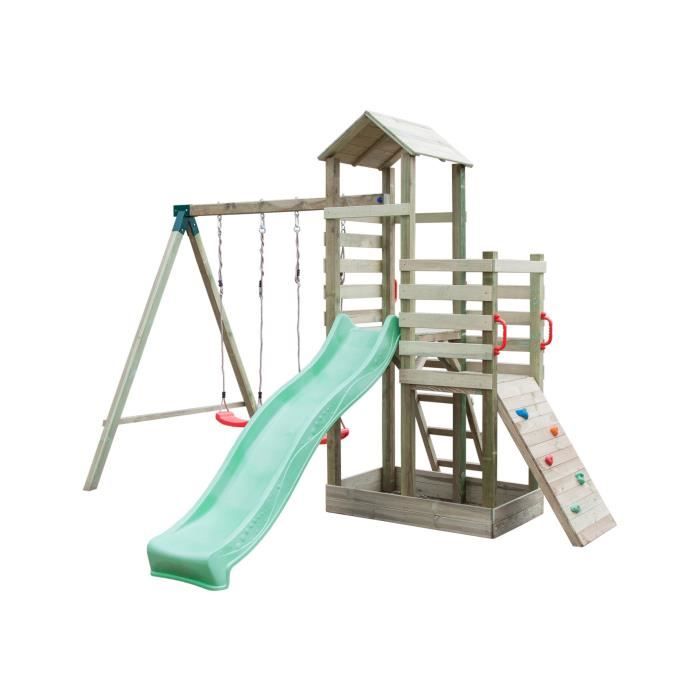 Aire de Jeux en Bois avec 2 Balançoires, 1 Toboggan, 1 Mur d'Escalade, 2 Tours et 1 Echelle
